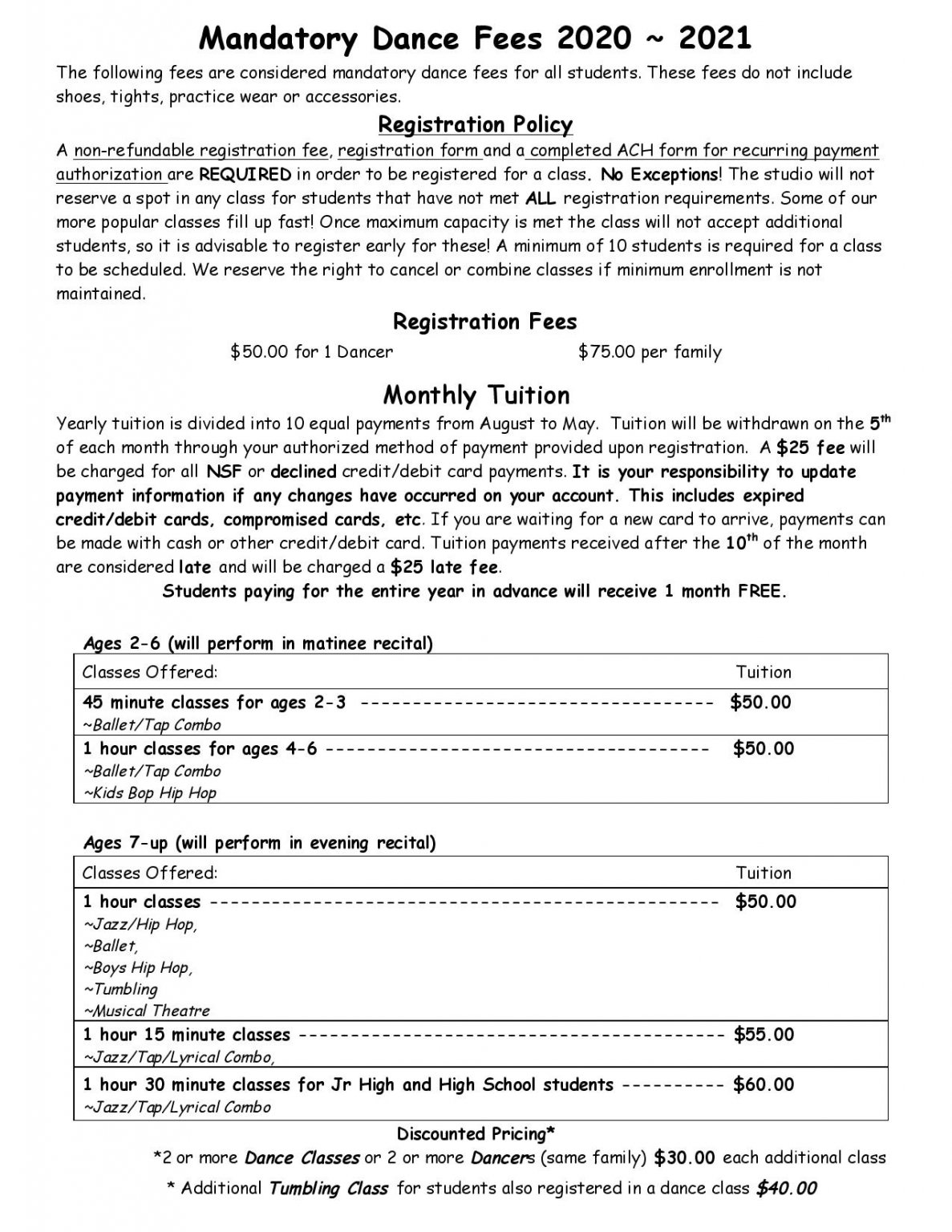 Mandatory Dance Fees Creative Dance Studio